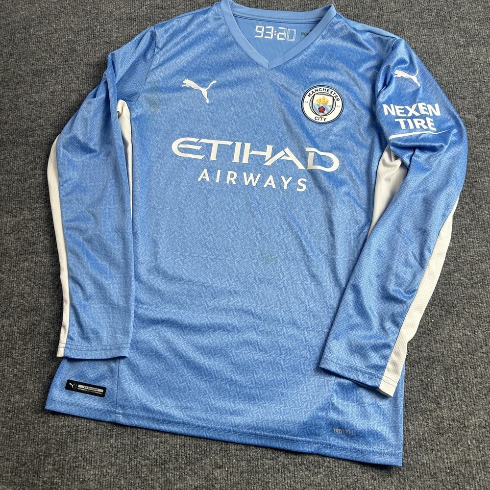 Manchester City Soccer Jersey Mens Medium Blue Puma Etihad Airways Long Sleeve